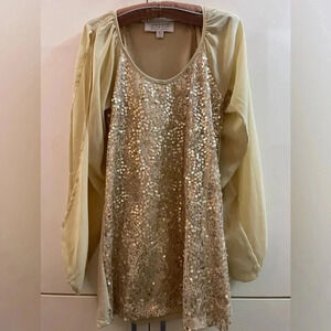 AMERICAN GLAMOUR BADGLEY MISCHKA Tan/ Gold sequins blouses top Sz XS